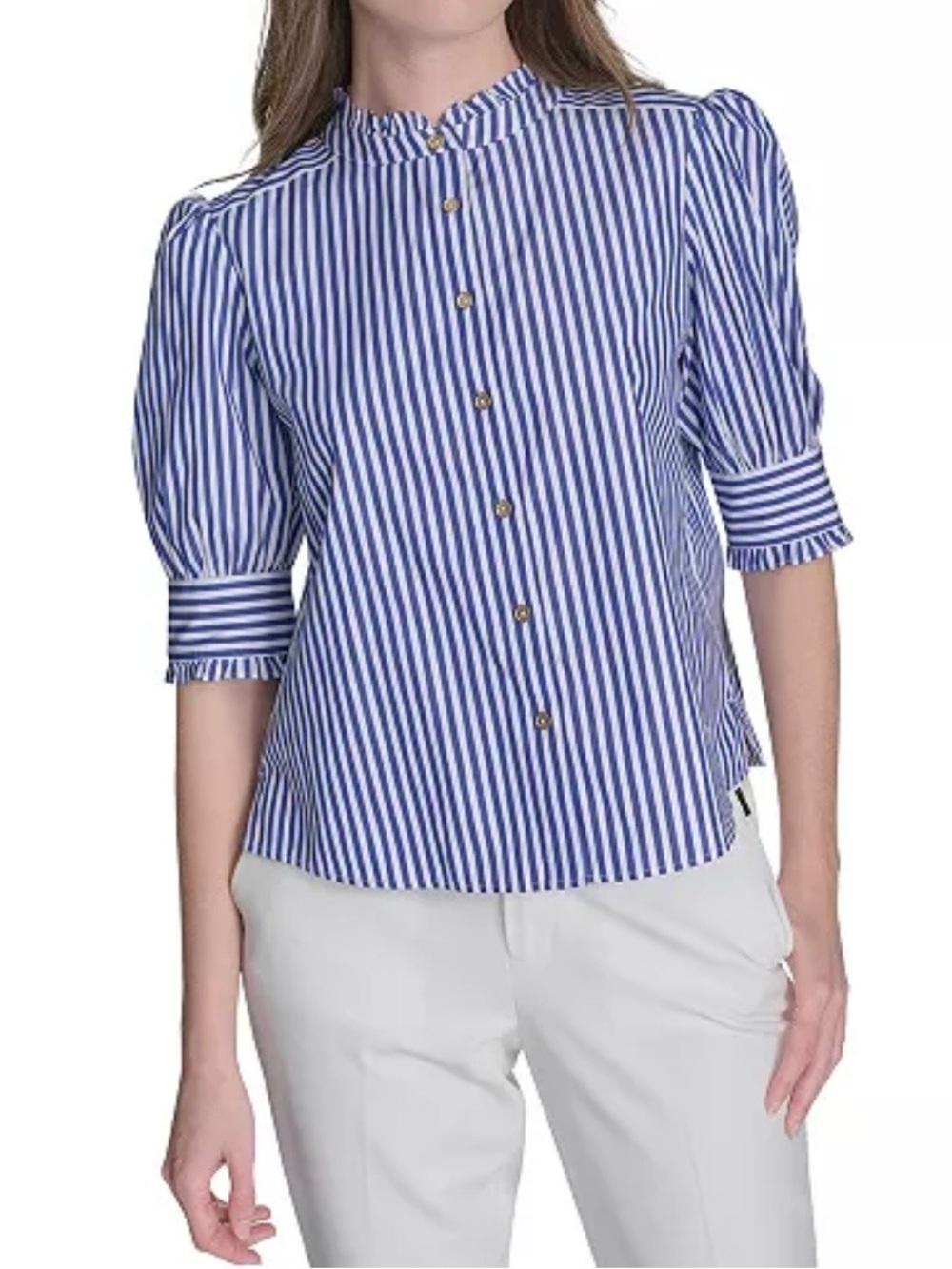 Tommy Hilfiger Cotton Striped Puff-Sleeve Blouse (Size S)